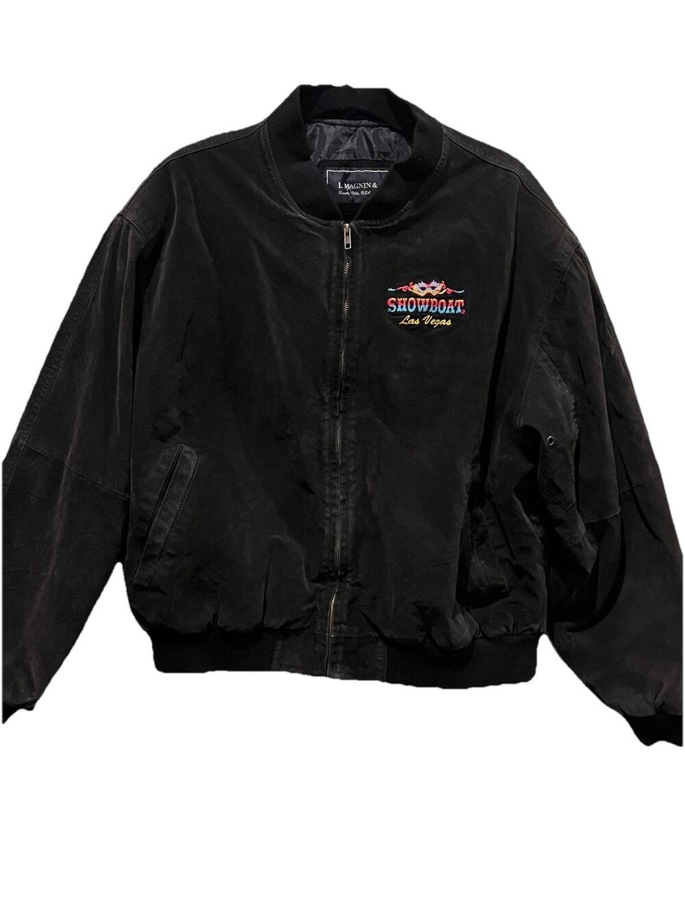 I. Magnin Black Suede Bomber Jacket Showboat Las Vegas Embroidered XL [25-0134]